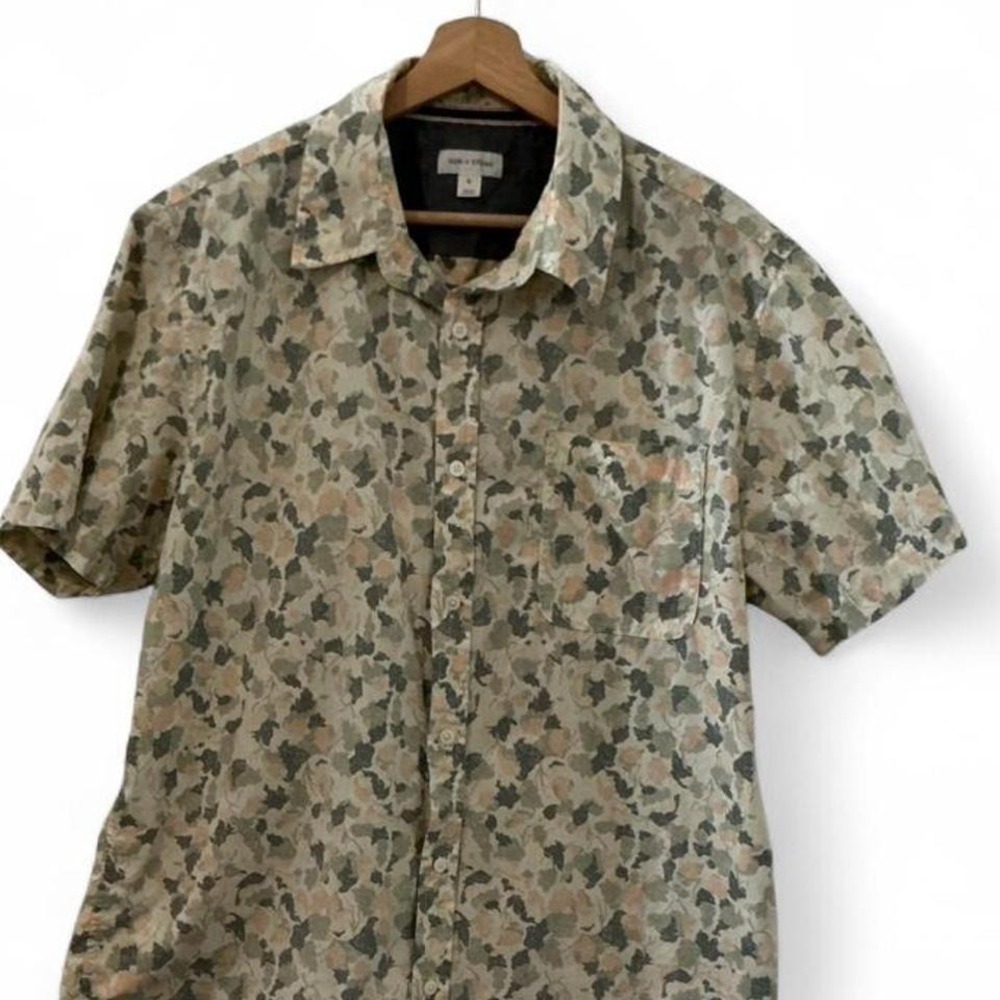 Sun + Stone Button Up Shirt Mens XL‎ Green Peach Abstract Floral Excellent Short